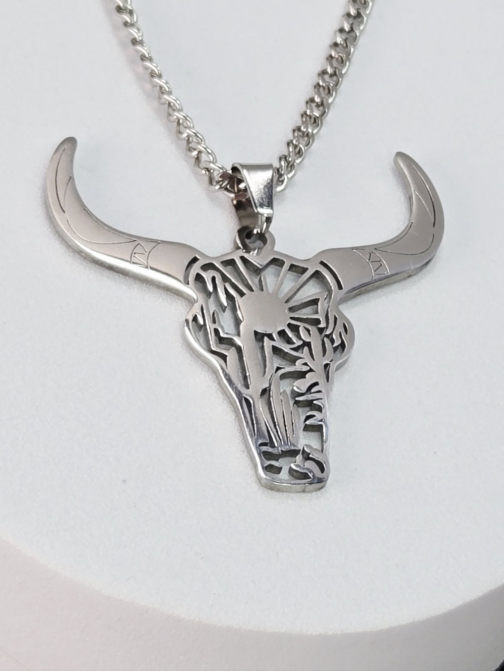 Silver Bull Skull Necklace Laser Cut Steer Head Pendant 24" Chain Sleek Western - Picture 5 of 5